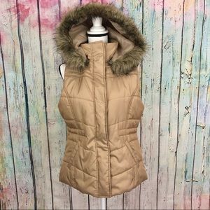 New York & Company Camel Quilted Puffer Vest with Faux Fur Hood